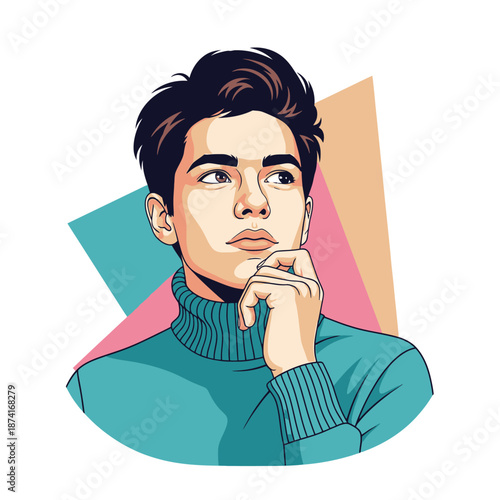 Thoughtful young man with hand on chin looking away.