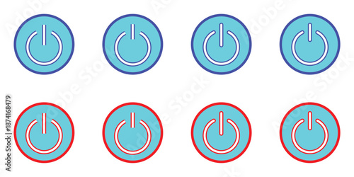 Set of colorful power button icons with blue and red glowing effect for web interface and technology concept.