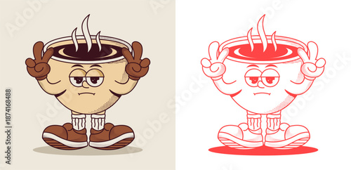 Vintage coffee cup mascot character in retro cartoon style. Great for cafe branding, logo, and print on demand