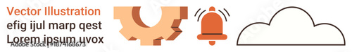 Business adaptation, teamwork, technology communication, alerts, data storage, cloud services. Gear, bell and cloud symbols on a plain background. Business adaptation and teamwork