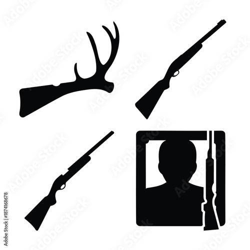 Hunting essentials: rifle, antler, and hunter silhouettes for outdoor adventure