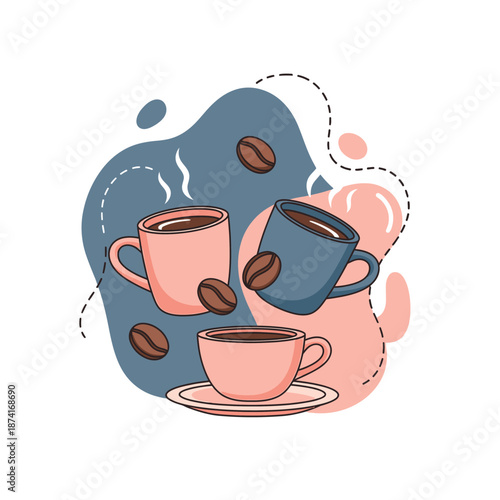 Three cups of coffee with coffee beans illustration.
