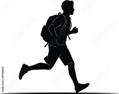 Running man silhouette with backpack, active lifestyle concept, jogging exercise, fitness training, outdoor activity, speed, motion illustration