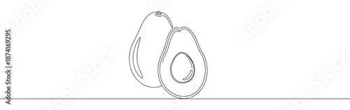 A continuous line drawing of a whole avocado and a halved one, symbolizing healthy eating and natural food