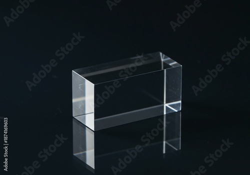 Unfinished optical prism blank made of clear crystal glass sitting on a reflective surface, ready for precision grinding and polishing, reflection, instrument, refraction