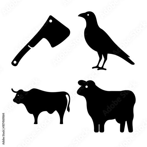 Simple black icons featuring a meat cleaver, a raven, a bull, and a sheep