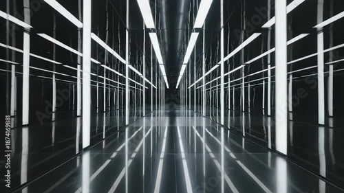 Futuristic led tunnel with reflective surfaces and symmetrical light patterns. 4K video