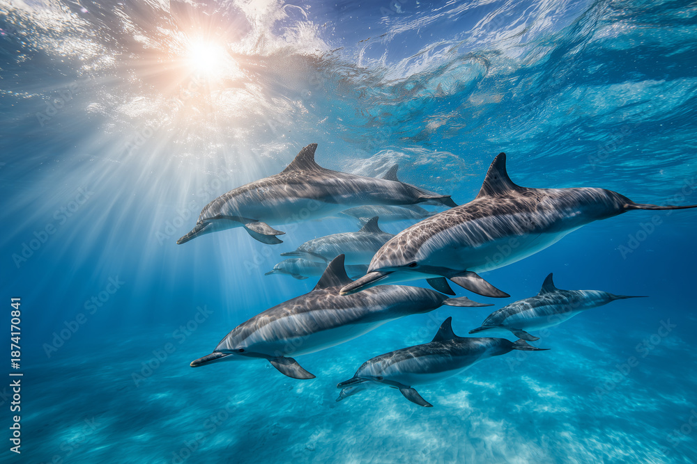 Fototapeta premium Group of dolphins swimming freely underwater with sunlight rays in clear blue ocean water