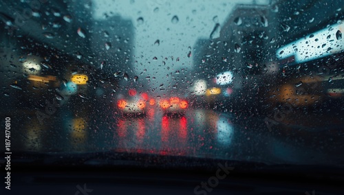 Wallpaper Mural Wet windshield with raindrops and urban traffic blur, highlighting vehicle safety during rainy conditions Torontodigital.ca
