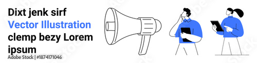 Business strategy, teamwork, announcements, marketing, communication tools, employee collaboration. Illustration of a megaphone and two professionals discussing tasks. Business strategy and teamwork