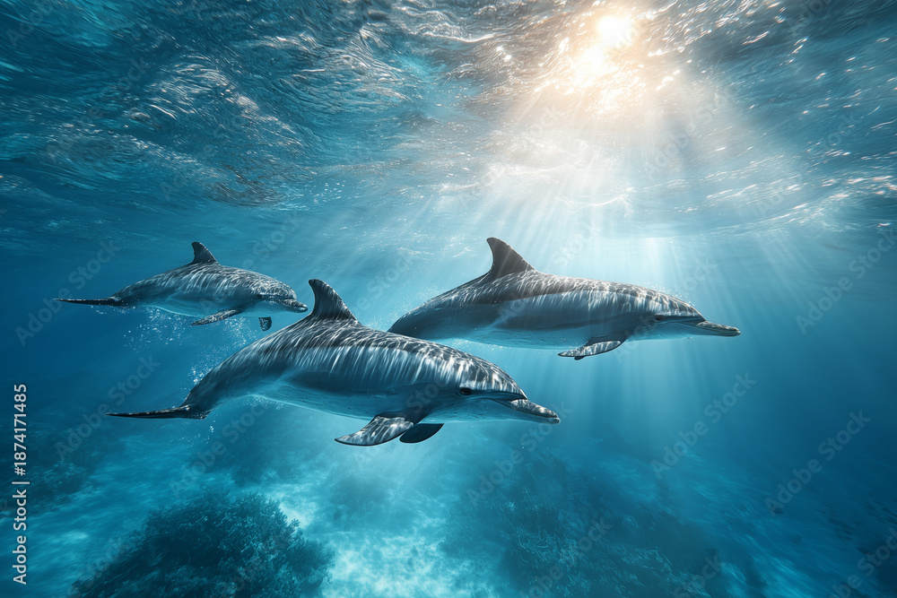 Fototapeta premium Group of dolphins swimming freely underwater with sunlight rays in clear blue ocean water