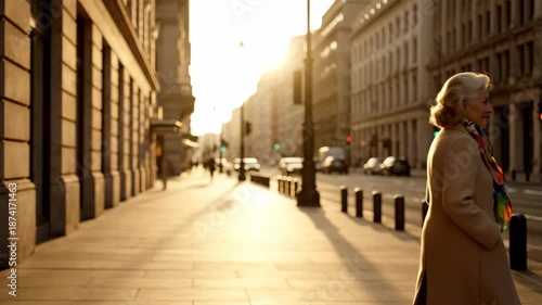 Elegant woman walking in sunlit city street at golden hour. 4K video