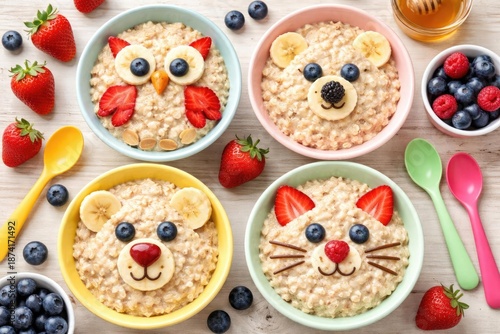 Wallpaper Mural Overhead view of oat porridge bowls featuring playful animal faces made of berries and fruits for a fun kids food idea Torontodigital.ca