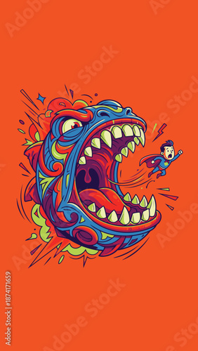 Vibrant Cartoon Monster Devouring Tiny Character with Wide Open Mouth.