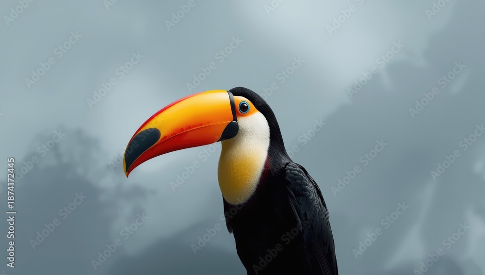 Obraz premium Brightly colored toucan with prominent beak resting against a neutral grey blue backdrop, natural plumage