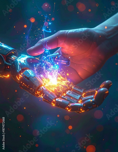 Artistic poster human and AI collaboration, human hand touching robotic AI hand