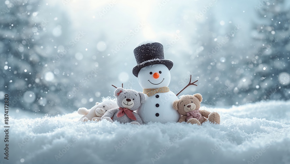 Fototapeta premium Snowman and soft toys in a winter setting, highlighting holiday outdoor activities