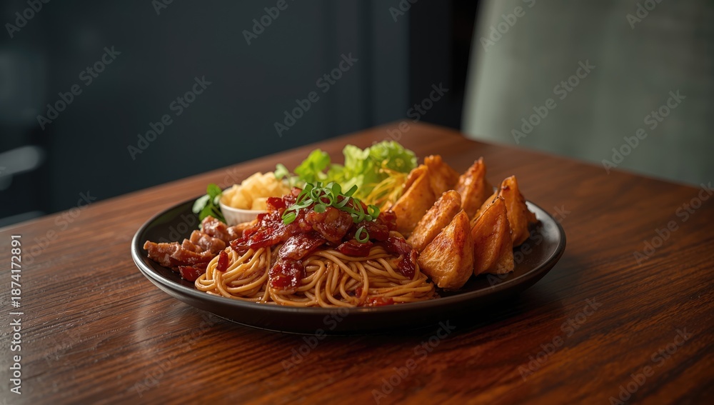 Fototapeta premium Hong Kong-style noodle with chicken charsiew, highlighting savory protein-rich ingredients