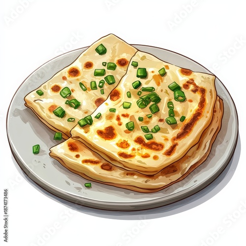 Chinese scallion pancakes cong you bing national cuisine dish isolated on white background, colorful cartoon illustration