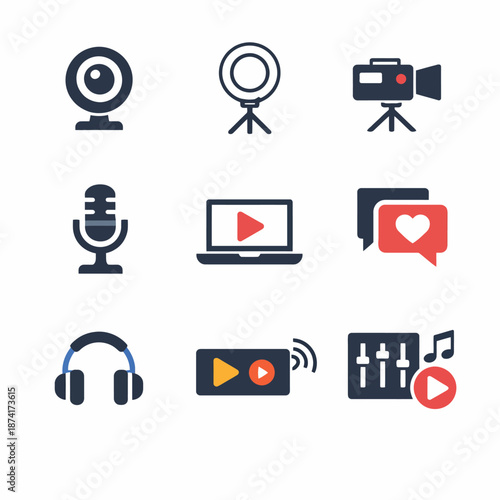 Webcam, microphone, headphones, and media icons for digital content creation