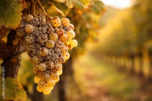 Vineyard grapes affected by botrytis for sweet wine making with copy space