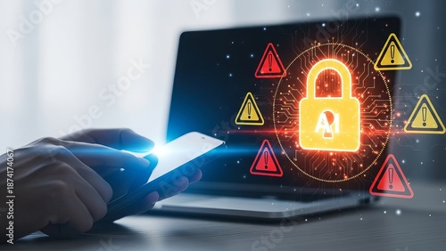 Person using smartphone with laptop displaying AI security alert symbols
