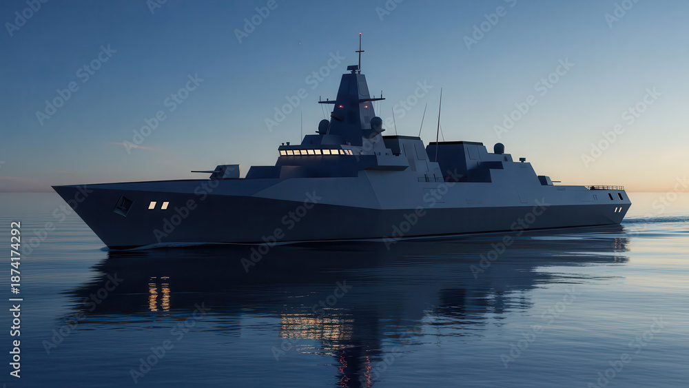 Obraz premium Modern naval destroyer sailing through calm waters at sunset