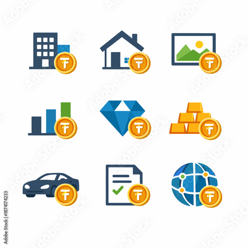 Financial investment icons: real estate, stocks, gold, diamond, car, document, globe