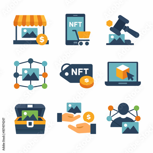 Nft marketplace icons: digital auction and blockchain art transactions