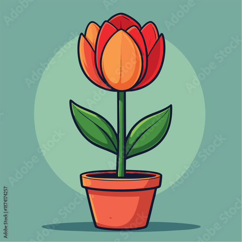 Colorful illustration of a potted tulip flower on green background