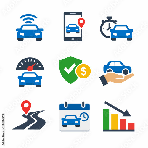 Car rental icons: gps, mobile booking, speed, insurance, savings, location, schedule, trends