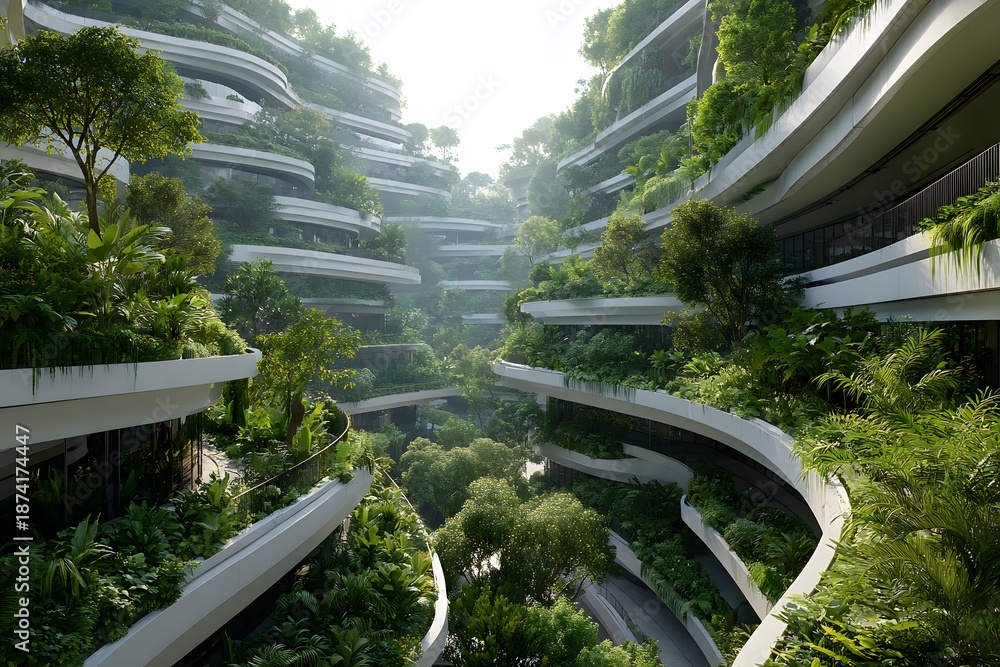 Fototapeta premium Aerial view of futuristic green architecture displays curved white balconies overflowing with vertical gardens and trees in soft daylight.