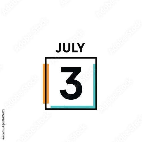 Modern calendar icon displaying July 3rd with clean lines. Ideal for digital reminders, event planning, and highlighting specific dates for summer