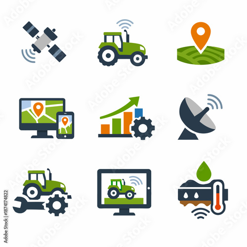 Smart agriculture technology icons representing gps, tractors, and data analysis