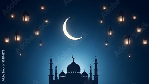 Minimalist Islamic mosque silhouette under crescent moon on dark blue night background.