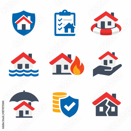 Colorful house and insurance icons set featuring security, fire, flood, and safety symbols