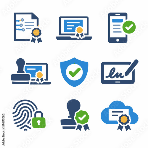 Digital security icons featuring documents, devices, and authentication methods