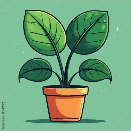 A cartoon illustration of a potted plant with large green leaves on a green background