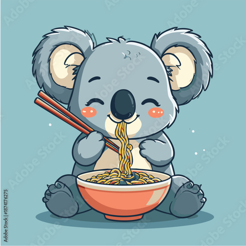 Cute cartoon koala eating noodles from a bowl with chopsticks on a teal background