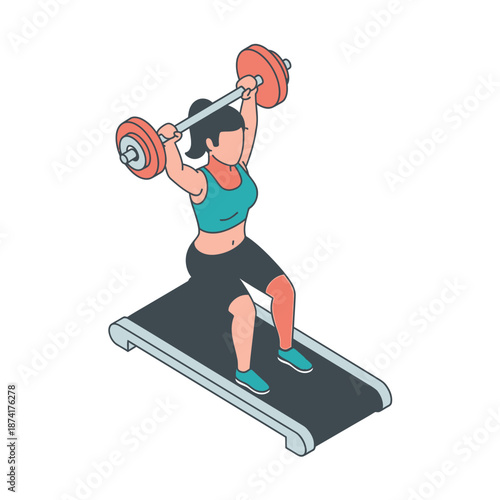 Woman lifting weights on treadmill isometric illustration.