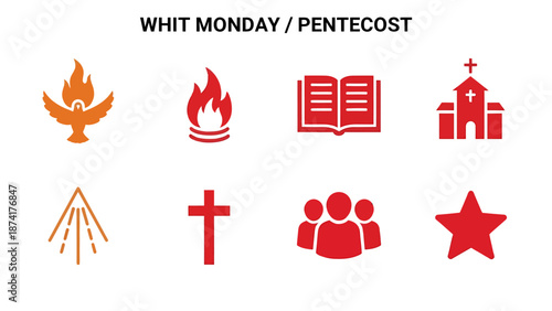 Eight Christian symbols related to Whit MondayPentecost arranged in two rows