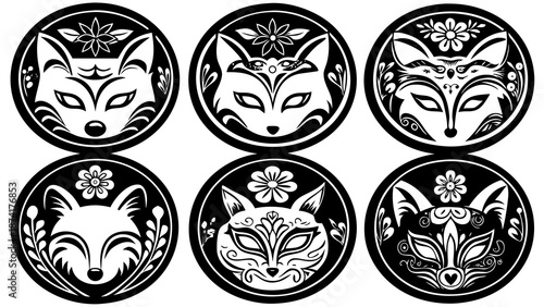 Decorative Fox Masks with Floral Elements in Black and White