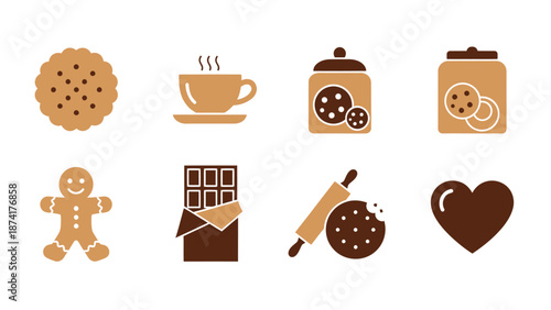 Eight icons related to baking and chocolate arranged in two rows