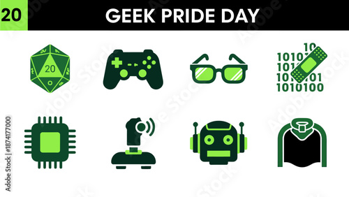 Graphic celebrating Geek Pride Day with eight green icons representing hobbies and tech