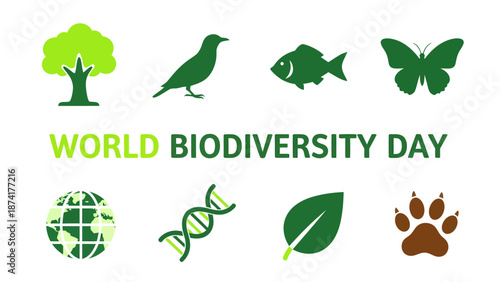 Graphic icons for World Biodiversity Day featuring flora fauna and genetics