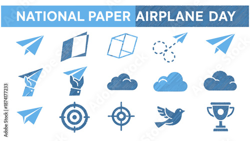 Graphic icons for National Paper Airplane Day in blue and white tones