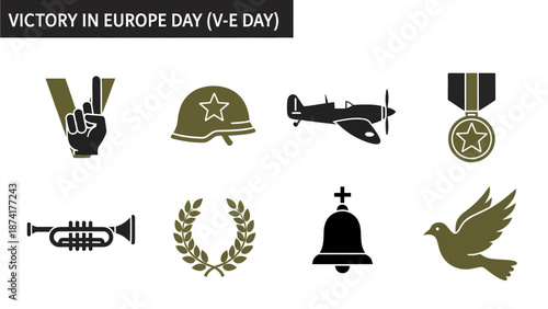 Graphic icons related to Victory in Europe Day including military and celebratory symbols