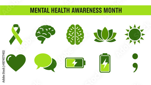 Green icons for Mental Health Awareness Month arranged in two rows