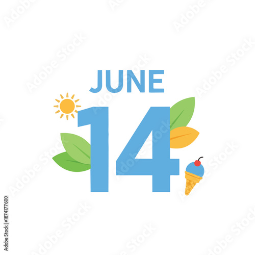 Celebrating June 14th with a bright sun, fresh leaves, and a cool ice cream treat, an ideal illustration for summer events and calendar reminders.