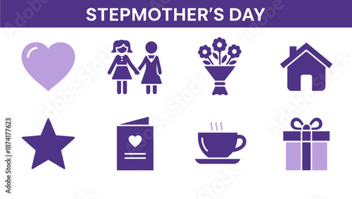 Purple icons for Stepmothers Day heart two women holding hands flowers house star card coffee and gift